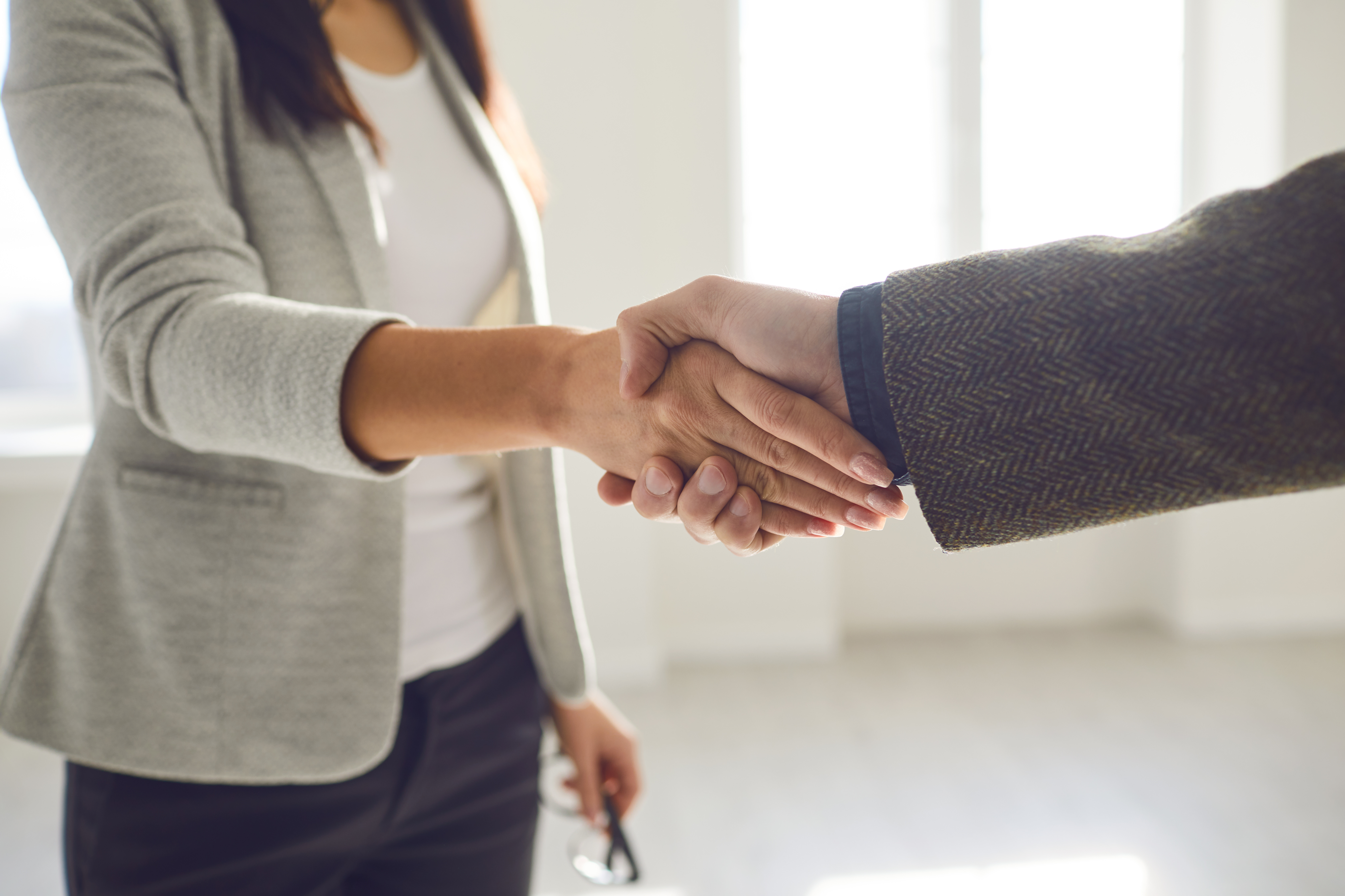 Handshake of businesspeople. Female and male hand makes a handshake in the office.